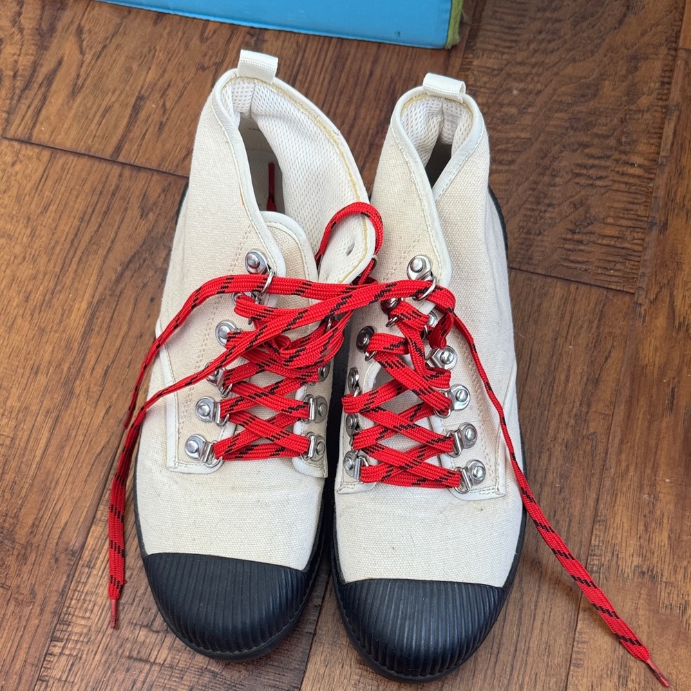 Canvas High-Top Sneakers in Cream with Red Laces
